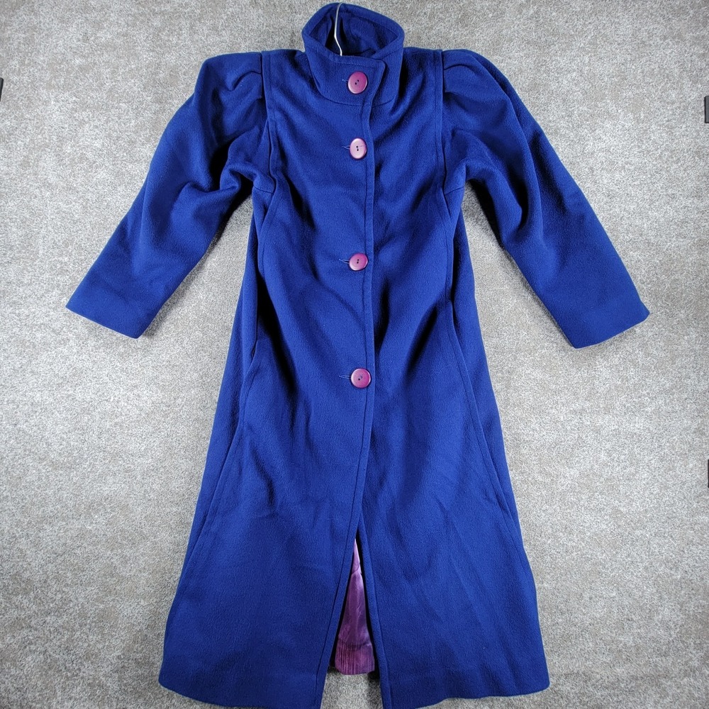 Vintage 80s Braefair Overcoat Womens 7/8 Royal Blue Puff-Sleeve Single-Breasted